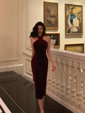Sexy Sheath Halter Burgundy Velvet Sleeveless Prom Dresses Party Dress Summer Birthday Outfits Birthday Dresses HZ1121