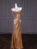 Gorgeous Mermaid Off The Shoulder Gold Sequin Beads Long Prom Dress Party Dress Graduation Dresses HZ1121