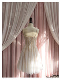Cute A line Spaghetti Straps Champagne Sequin Short Homecoming Dress Summer Middle School Formal 8th Grade Hoco Dresses Summer Homecoming Outfits HZ1121