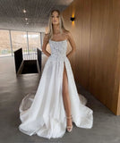 Classic Bridal Gown Ball Gown Strapless Slit White Summer Lace Wedding Dresses Minimalist Bridal Gowns HZ1121