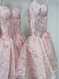 Simple A line Spaghetti Straps Pink Floral Chiffon Homecoming Dress Summer Hoco Dresses Cocktail Dress HZ1121