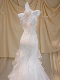 Pretty Wedding Dress Mermaid High Neck White Tulle Long Wedding Dresses Bridal Gowns HZ1121