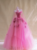 Gorgeous Ball Gown Strapless Hot Pink Floral Tulle Long Prom Dress Party Dress Graduation Dresses HZ1121