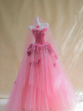 Gorgeous Ball Gown Strapless Hot Pink Floral Tulle Long Prom Dress Party Dress Graduation Dresses HZ1121
