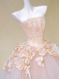 Pretty Wedding Dress Ball Gown Strapless Pink Tulle Floral Long Wedding Dresses Bridal Gowns HZ1121