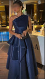 Pretty A line One Shoulder Navy Blue Satin Party Dresses Formal Summer Wedding Guest Dresses Wedding Guest Outfits HZ1121
