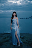 Gorgeous Sheath Strapless Blue Slit Satin Prom Dresses Formal Summer Wedding Guest Dresses Wedding Guest Outfits HZ1121