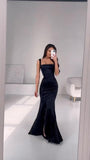 Simple Mermaid Square Neck Sleeveless Black Satin Prom Dresses Formal Summer Wedding Guest Dresses Wedding Guest Outfits HZ1121