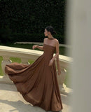 Simple A line Strapless Brown Prom Dresses Formal Summer Wedding Guest Dresses Wedding Guest Outfits HZ1121