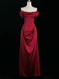 Elegant A line Off The Shoulder Burgundy Satin Prom Dresses Formal Summer Wedding Guest Dresses Wedding Guest Outfits HZ1121