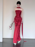 Gorgeous Sheath Strapless Burgundy Satin Prom Dresses Formal Summer Wedding Guest Dresses Wedding Guest Outfits With Scarf HZ1121