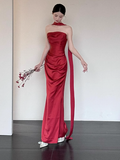 Gorgeous Sheath Strapless Burgundy Satin Prom Dresses Formal Summer Wedding Guest Dresses Wedding Guest Outfits With Scarf HZ1121