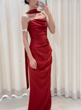 Pretty Sheath Strapless Burgundy Satin Prom Dresses Formal Summer Wedding Guest Dresses Wedding Guest Outfits With Scarf HZ1121