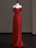 Elegant Sheath Off The Shoulder Red Satin Prom Dresses Formal Summer Wedding Guest Dresses Wedding Guest Outfits HZ1121