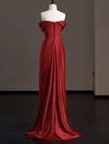 Elegant Sheath Off The Shoulder Red Satin Prom Dresses Formal Summer Wedding Guest Dresses Wedding Guest Outfits HZ1121