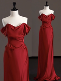 Elegant Sheath Off The Shoulder Red Satin Prom Dresses Formal Summer Wedding Guest Dresses Wedding Guest Outfits HZ1121