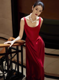 Elegant Sheath Square Neck Red Satin Prom Dresses Summer Wedding Guest Dresses Wedding Guest Outfits HZ1121