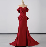 Elegant Mermaid Off The Shoulder Red Satin Prom Dresses Formal Summer Wedding Guest Dresses Wedding Guest Outfits HZ1121