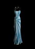 Vintage Mermaid Spaghetti Straps Blue Chiffon Long Prom Dress Party Dress Evening Dresses HZ1121