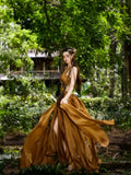 Elegant A Line Halter Brown Chiffon Sleeveless Long Evening Party Gowns Evening Formal Dresses Prom Dress HZ1121