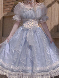 Sweet A line Blue Lace Tulle Short Sleeves 16th Birthday Dress Lolita Dresses Summer Birthday Outfits HZ1121
