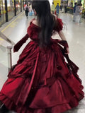 Retro Ball Gown Off The Shoulder Short Sleeves Burgundy Floral 16th Chiffon Birthday Dress Lolita Dress 18th Birthday Outfits HZ1121