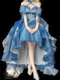 Beautiful High Low Off The Shoulder Short Sleeves Blue Rose Floral 16th Chiffon Birthday Dress Lolita Dress 18th Birthday Outfits HZ1121