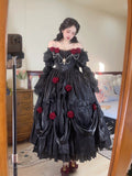 Retro Ball Gown Off The Shoulder Short Sleeves Black Rose Floral 16th Chiffon Birthday Dress Lolita Dress 18th Birthday Outfits HZ1121