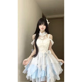 Vintage Ball Gown High Neck Light Sky Blue Chiffon Short Summer 18th Birthday Dress Lolita Dress Birthday Outfits HZ1121