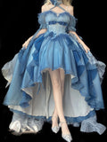 Beautiful High Low Off The Shoulder Short Sleeves Blue Rose Floral 16th Chiffon Birthday Dress Lolita Dress 18th Birthday Outfits HZ1121