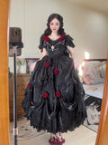 Retro Ball Gown Off The Shoulder Short Sleeves Black Rose Floral 16th Chiffon Birthday Dress Lolita Dress 18th Birthday Outfits HZ1121