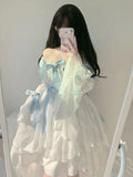 Vintage Ball Gown Square Long Sleeves White Chiffon Summer 18th Birthday Dress Lolita Dress Birthday Outfits HZ1121