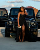 Pretty Mermaid Sweetheart Black Sequin Slit Long Prom Dresses Graduation Dress Evening Gowns HZ1121