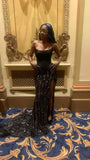 Pretty Mermaid Strapless Black Sequin Slit Long Prom Dresses Graduation Dress Evening Gowns HZ1121