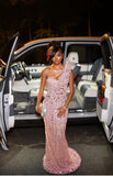 Sexy Mermaid One Shoulder Sequin Pink Long Birthday Dress Birthday Outfits Graduation Dresses HZ1121
