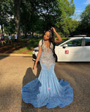 Pretty Mermaid Blue Silver Beads Sequin 18th Birthday Dress Prom Dress Birthday Outfits For Women HZ1121