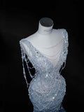 Gorgeous Mermaid V Neck Silver Beads Long Prom Dress Party Dress Graduation Dresses HZ1121