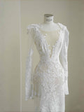 Pretty Bridal Gown Mermaid V Neck Lace White Long Wedding Dresses Modest Bridal Gowns HZ1121