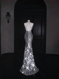 Sparkly Mermaid V Neck Silver Sequin Long Prom Dress Party Dress Graduation Dresses HZ1121