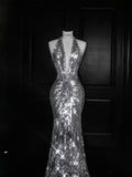 Sparkly Mermaid V Neck Silver Sequin Long Prom Dress Party Dress Graduation Dresses HZ1121