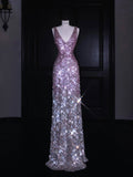 Sparkly Mermaid V Neck Pink Sequin Long Prom Dress Party Dress Graduation Dresses HZ1121