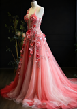 Pretty Ball Gown Sweetheart Pink Tulle Long Quinceanera Dress Formal Short Sleeves Flowers Vestido De 15 Anos Sweet 16 Dress HZ1121