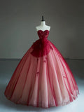 Pretty Ball Gown Sweetheart Red Flowers Tulle Long Quinceanera Dress Formal Gowns Vestido De 15 Anos Sweet 16 Dress HZ1121
