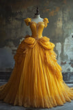 Pretty Ball Gown Sweetheart Yellow Tulle Long Quinceanera Dress Formal Gowns Vestido De 15 Anos Sweet 16 Dress HZ1121