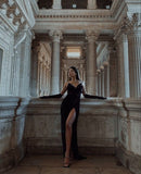 Classy Sheath Sweetheart Velvet High Split Cut Long Prom Dresses Formal Summer Wedding Guest Dresses Wedding Guest Outfit HZ1121