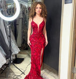 Modest Sheath Spaghetti Straps Red Sequin Formal Gown 20th Birthday Dress Prom Dresses 18th Birthday Outfits HZ1121
