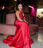 Modest Mermaid Spaghetti Straps Red Satin Formal Gown 20th Birthday Dress Prom Dresses 18th Birthday Outfits HZ1121