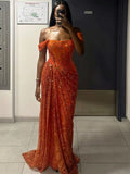 Classy A line Off The Shoulder Sequin Long Prom Dresses Formal Gown Summer Wedding Guest Dresses Wedding Guest Outfit HZ1121