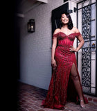 Classy Mermaid Off The Shoulder Burgundy Slit Sequin Long Prom Dresses Party Dress Black Girl Outfits Graduation Dresses HZ1121