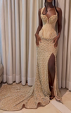 Modest Mermaid Sweetheart Champagne Slit Formal Gown 20th Birthday Dress Prom Dresses Black Girl 18th Birthday Outfits HZ1121
